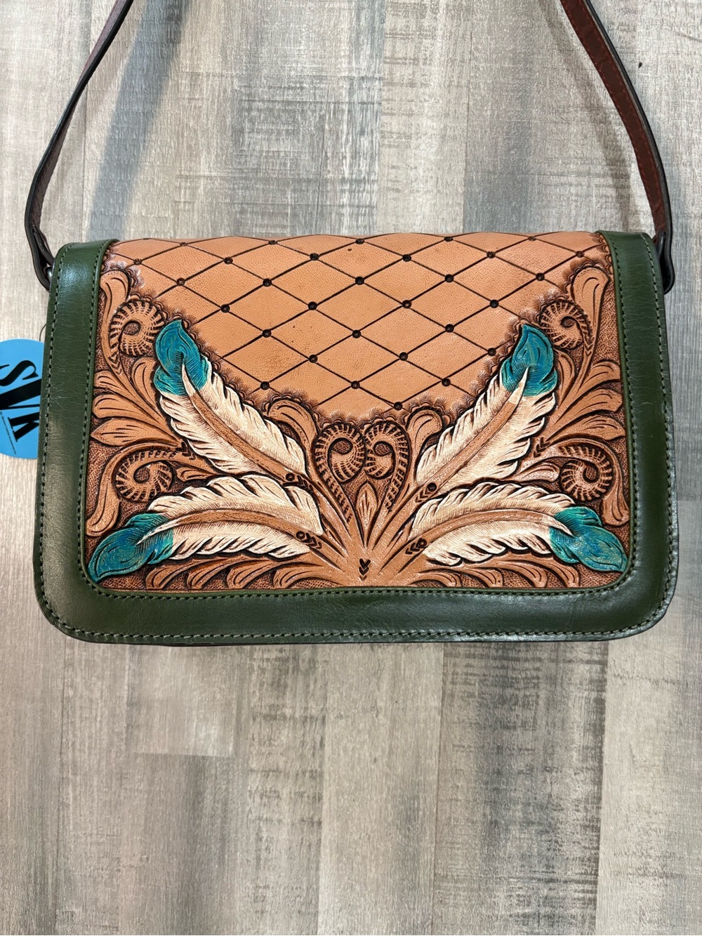 Hand-Tooled Leather Blue Duck Side Crossbody Bag